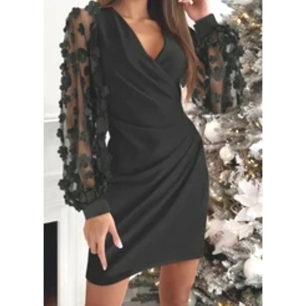 Laughido Black Faux Wrap Mini Dress 3D Floral Mesh Long Sleeve Ruched Size L